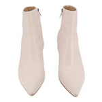 Cream leather side-zip ankle booties, pointed toe, block heel