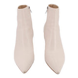 Cream leather side-zip ankle booties, pointed toe, block heel