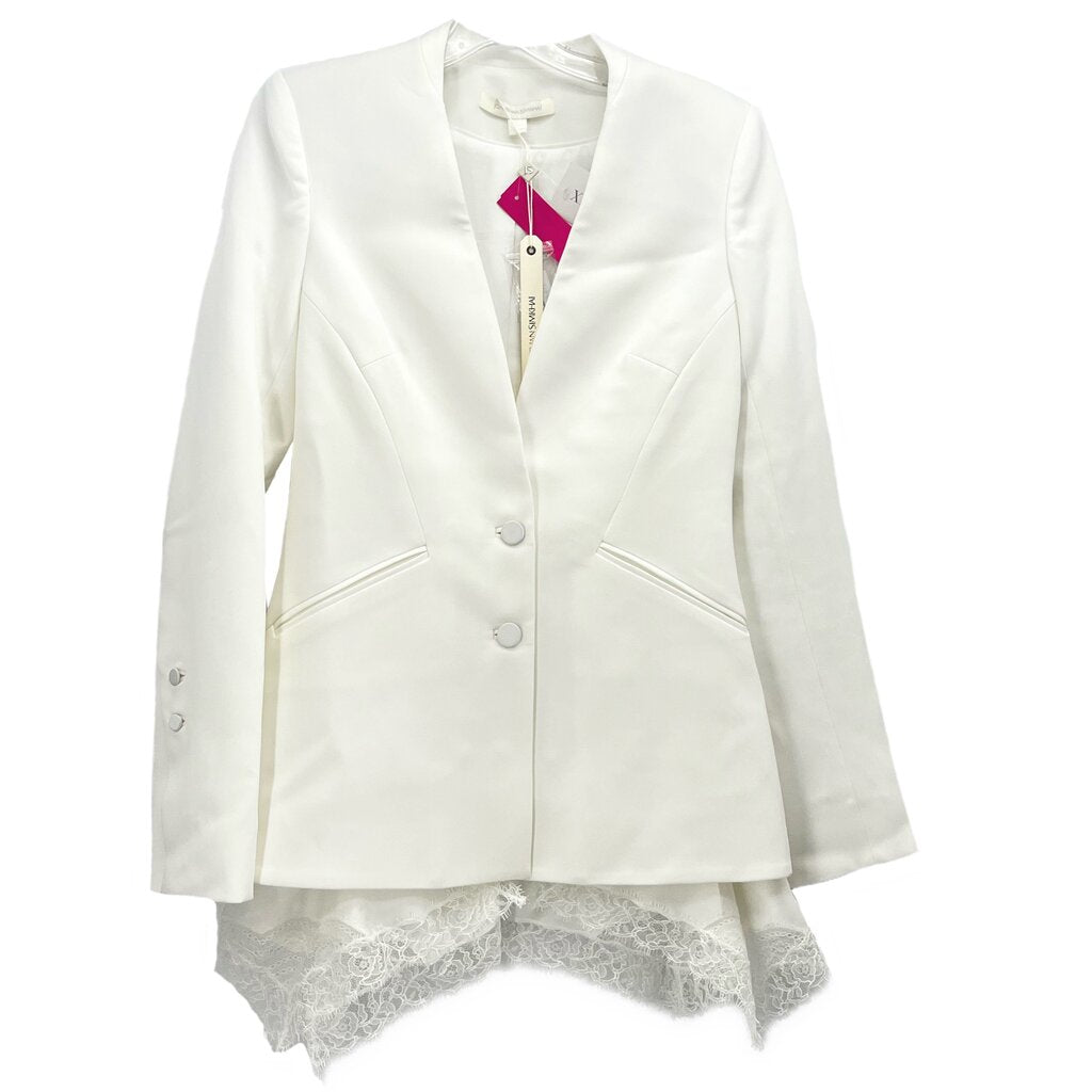 Two-button white blazer with notched lapels, flap pockets and lace-trim hem