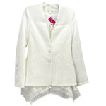 Two-button white blazer with notched lapels, flap pockets and lace-trim hem