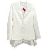 Two-button white blazer with notched lapels, flap pockets and lace-trim hem