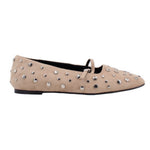 Tan stud flats with silver studs, low heel, and ankle strap