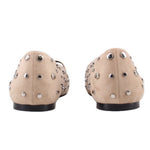 Tan stud flats with rounded toe and silver-studded back, low block heel