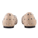Tan stud flats with rounded toe and silver-studded back, low block heel