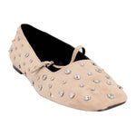 Tan suede flats with silver stud embellishments and bow strap