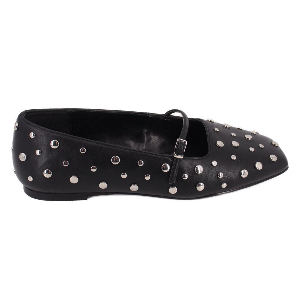 Black slip-on flats with adjustable strap and silver-tone studs all over