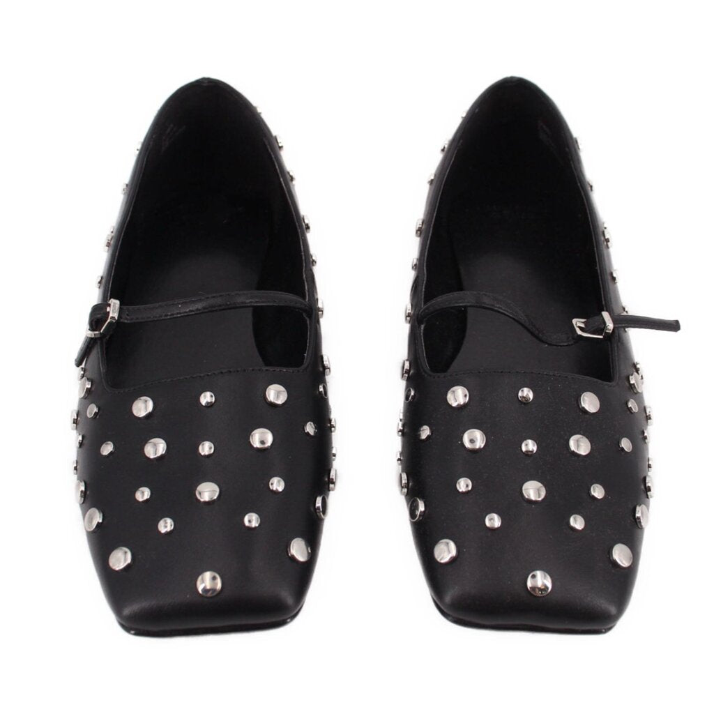 Pair of black pointed-toe flats with silver-tone studs and low-profile strap