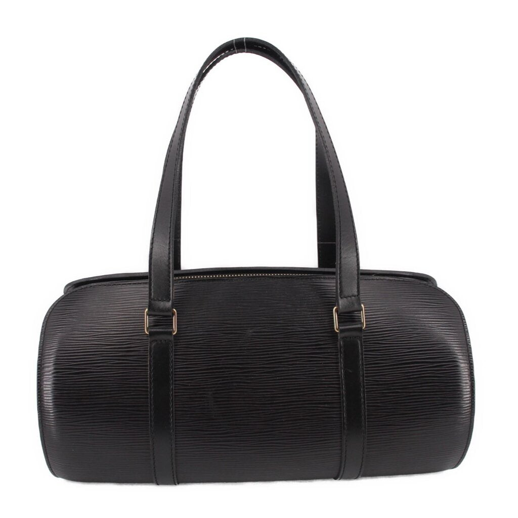 Black mini tote-style handle bag with textured leather-look finish and gold-tone accents