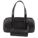Black LOUIS VUITTON mini pouch handle bag with top handles and gold-tone hardware