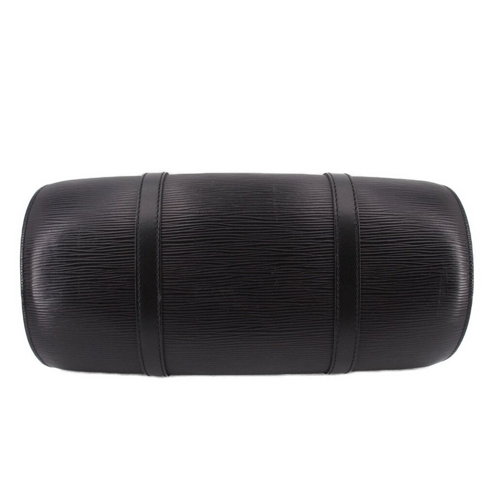Black cylindrical mini tote bag with textured finish and dual top handles
