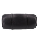 Black cylindrical mini tote bag with textured finish and dual top handles