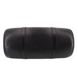 Black cylindrical mini tote bag with textured finish and dual top handles