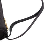 Black adjustable shoulder strap with stitched leather attachment
