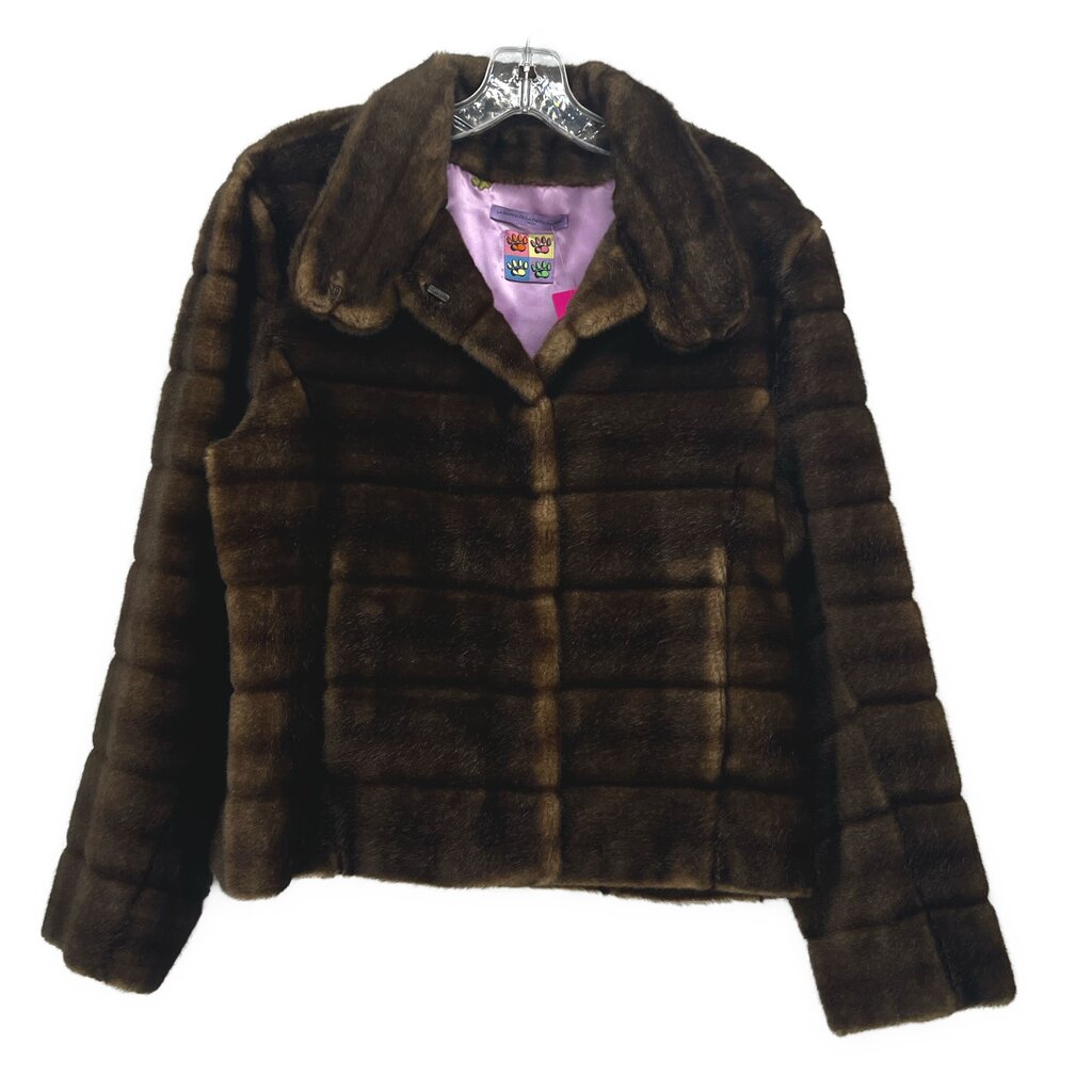Brown faux fur jacket with spread collar and button front