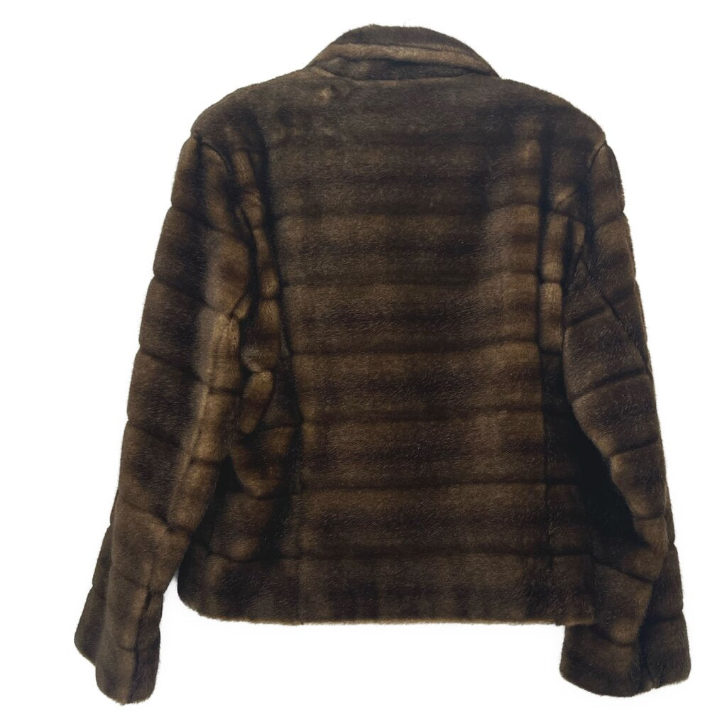 Brown faux fur jacket, size L, back view with long sleeves and curved hem