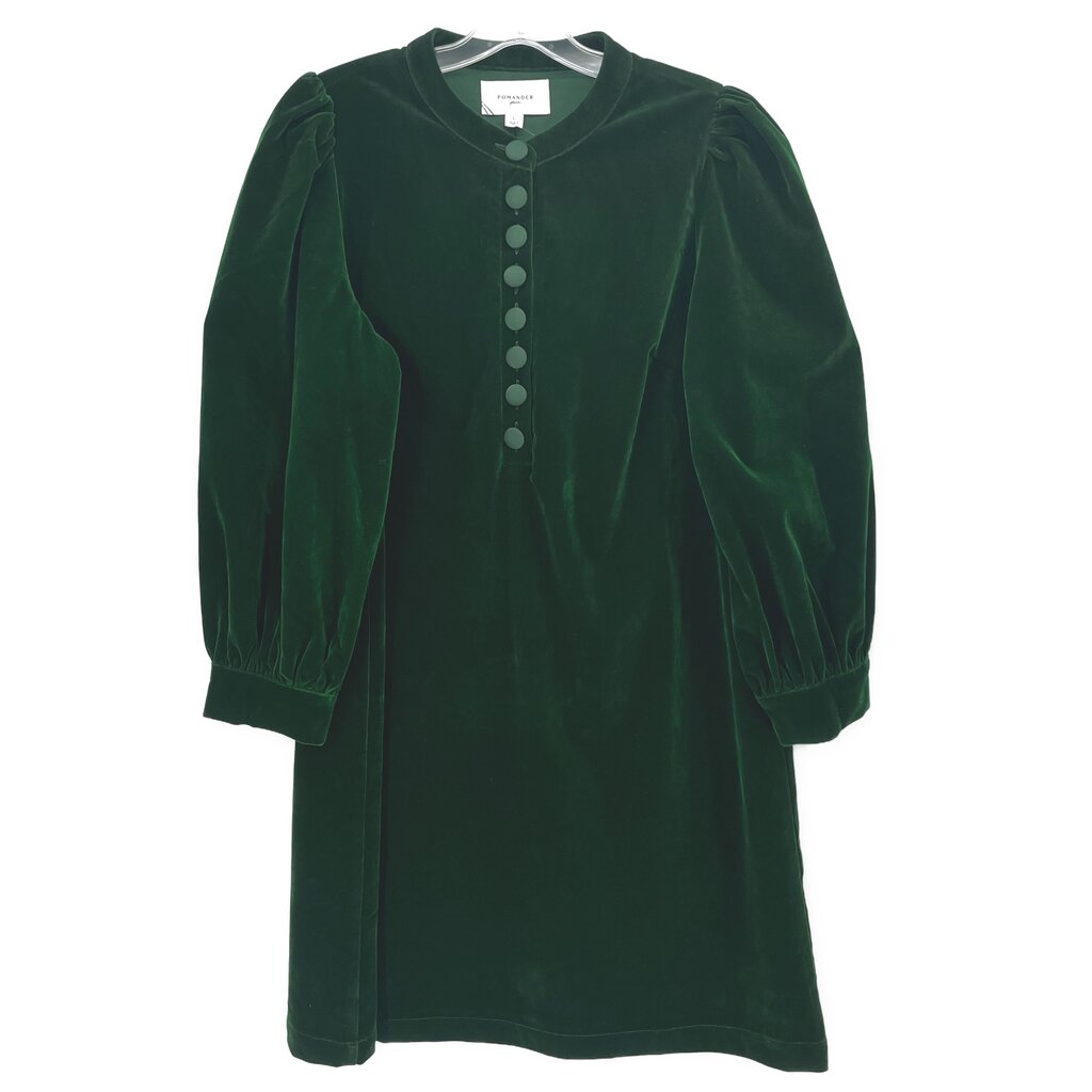 Green velvet dress with button placket, crew neck, and puff 3/4 sleeves