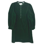 Green velvet dress with button placket, crew neck, and puff 3/4 sleeves