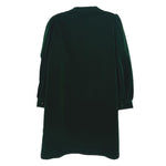 Green velvet dress back view with gathered shoulders and puff 3/4 sleeves
