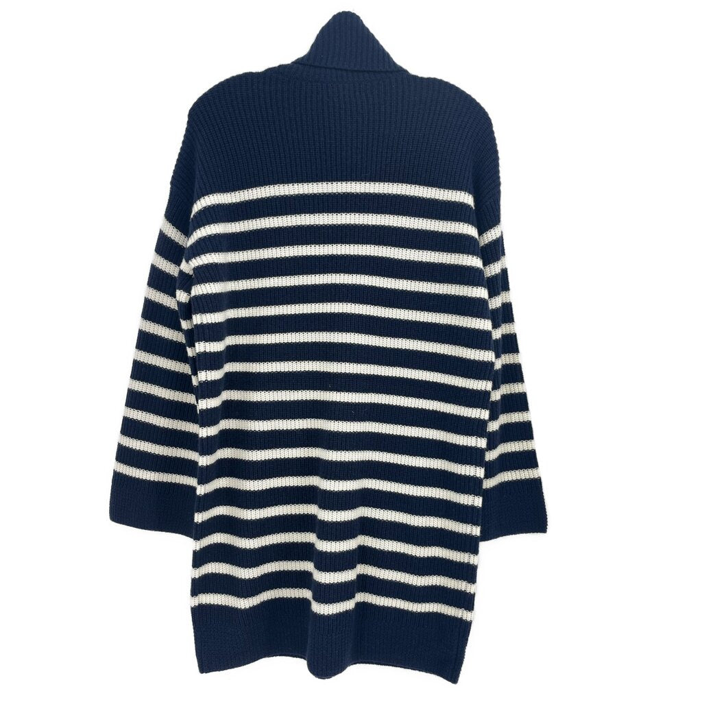 Ralph Lauren striped knit sweater in navy with cream/white stripes, mock neck (back)