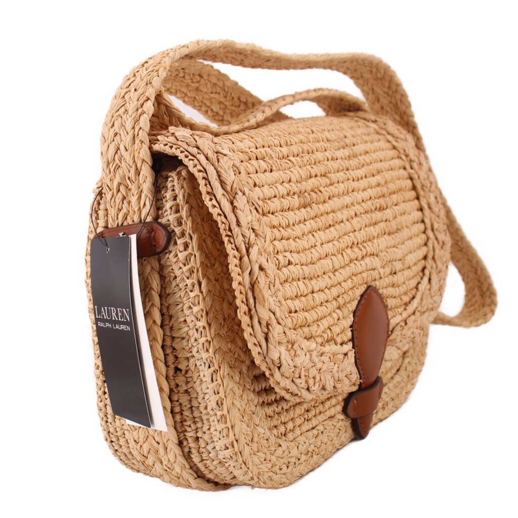 Natural raffia small crossbody bag with braided strap and brown leather trim pockets