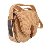 Natural raffia small crossbody bag with braided strap and brown leather trim pockets