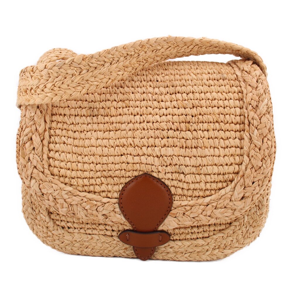 Natural raffia small messenger bag with flap and brown leather buckle detail