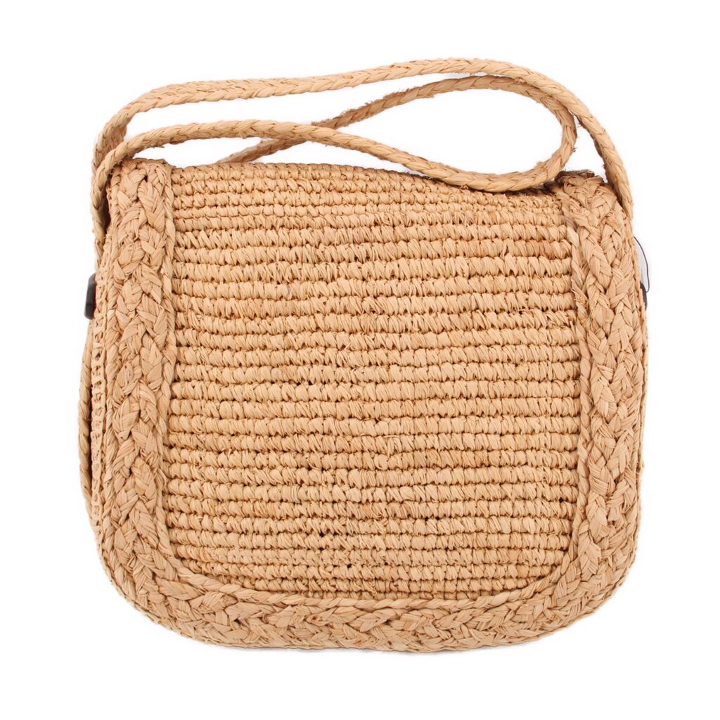 Natural raffia small crossbody bag with top handle and woven front pocket flap