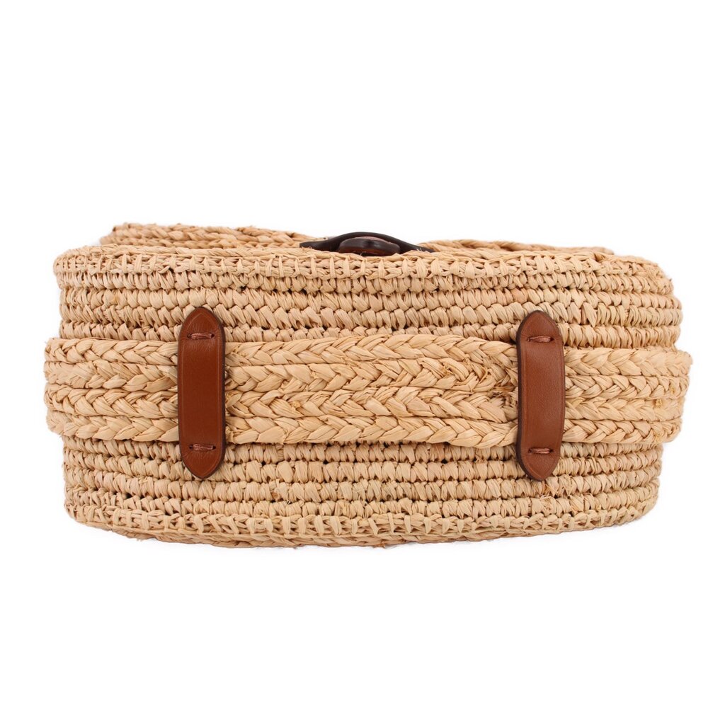 Natural raffia small bag with wide woven body and brown leather strap accents