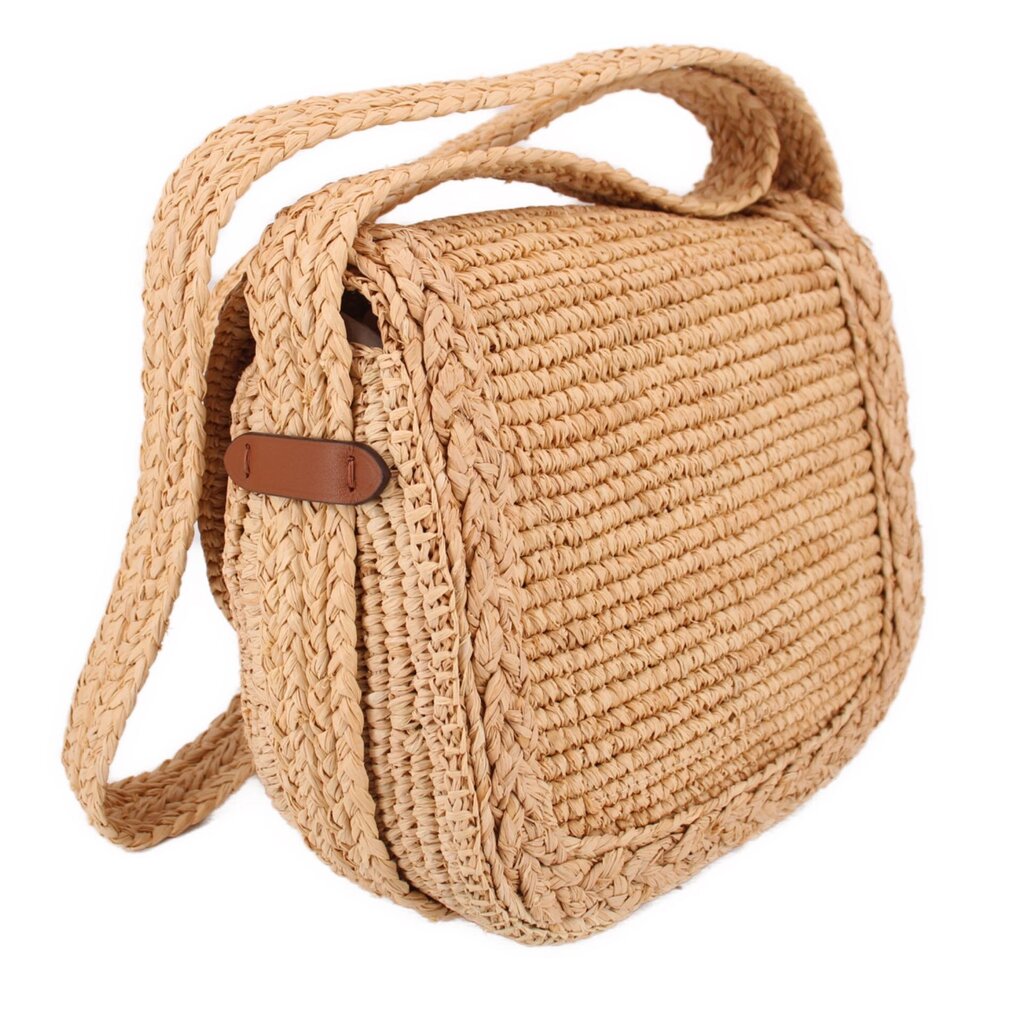 Natural raffia small crossbody bag with side flap, braided strap, and brown leather tabs