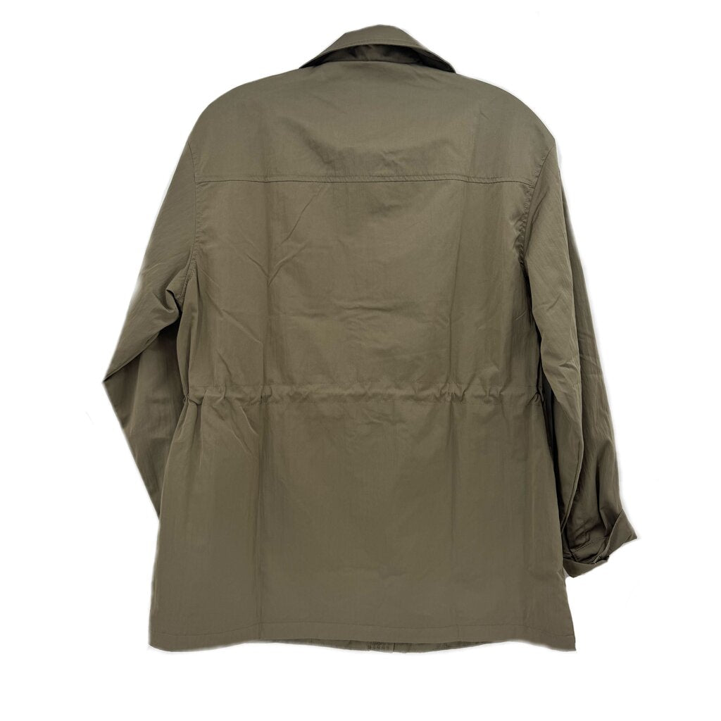 Olive utility jacket back view with yoke seam and button placket