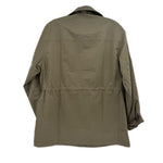 Olive utility jacket back view with yoke seam and button placket