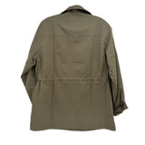 Olive utility jacket back view with yoke seam and button placket