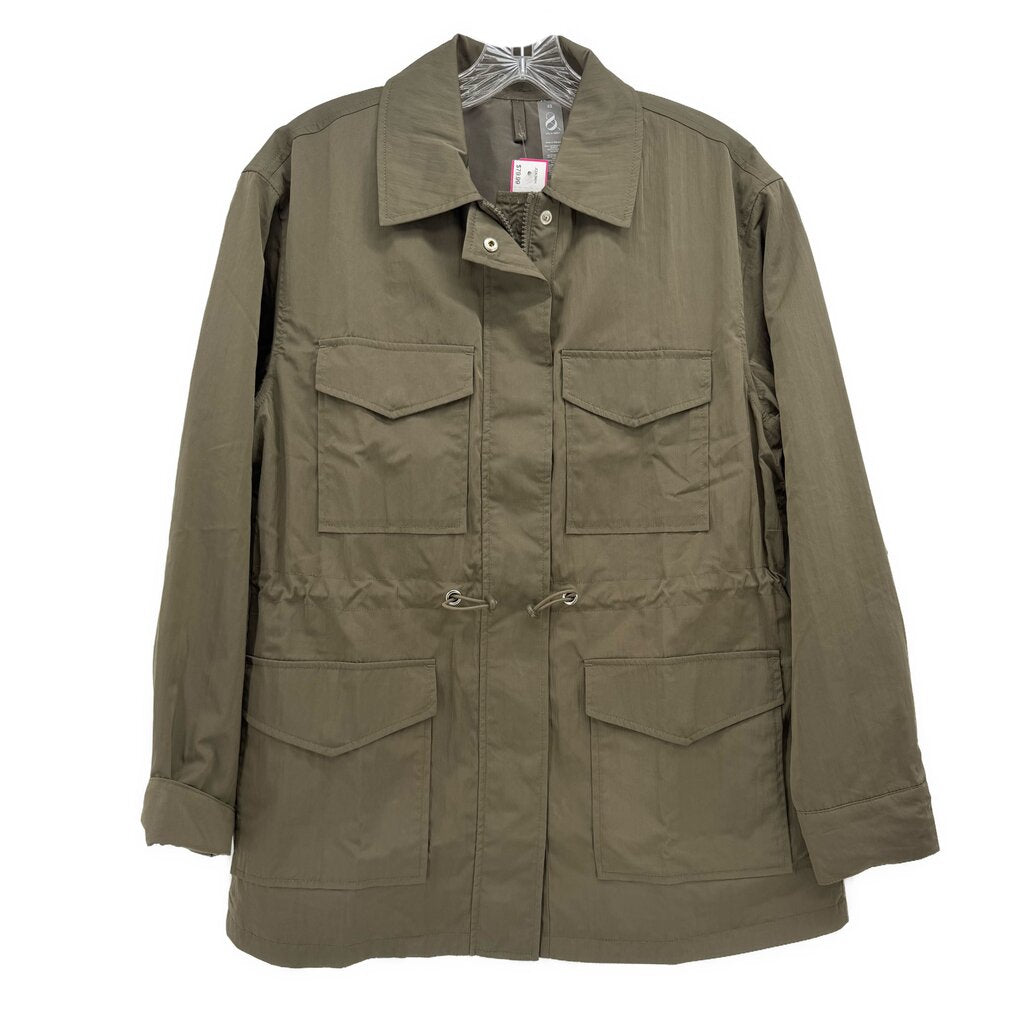 Olive utility jacket with button front, chest and side pockets
