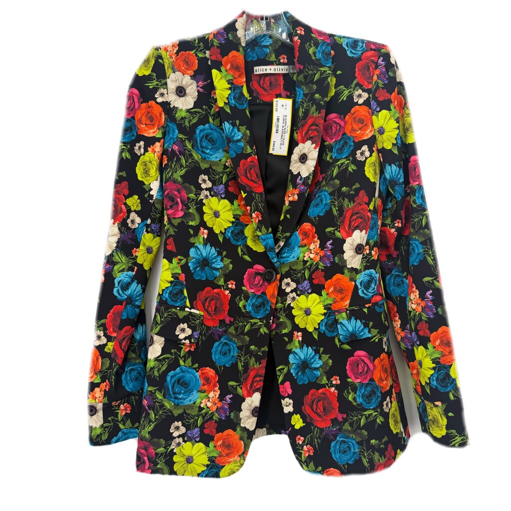 Floral blazer with black base and colorful rose print, notched lapels, button front