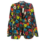 Black floral blazer with multicolor rose print, notched lapel and button front