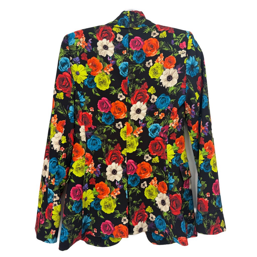Back view floral blazer with black base and colorful rose print, long sleeves