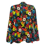 Back view of black floral blazer with multicolor rose print, long sleeves