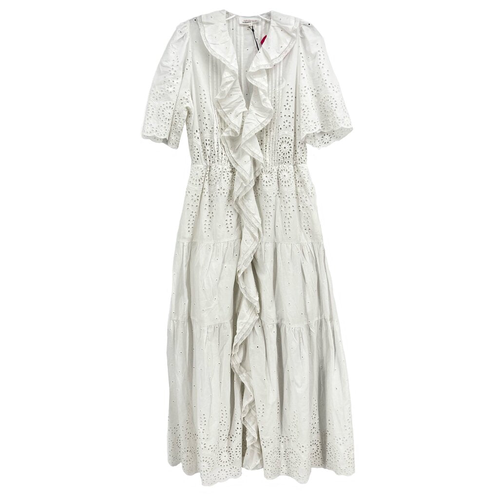 White eyelet dress with ruffled front, short sleeves and tiered skirt