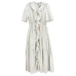 White eyelet dress with ruffled front, short sleeves and tiered skirt