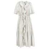 White eyelet dress with ruffled front, short sleeves and tiered skirt