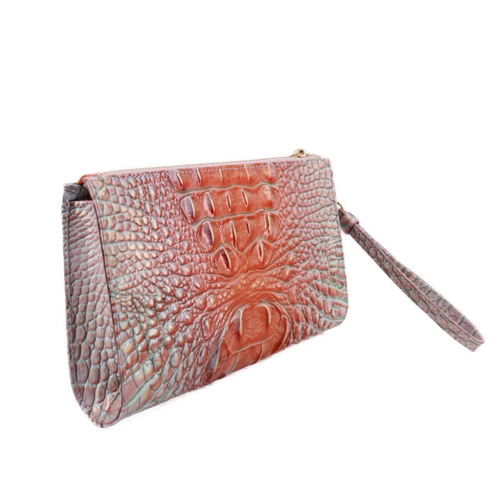 Brahmin Daisy wristlet pouch angled view with wrist strap, ombre croc-embossed finish