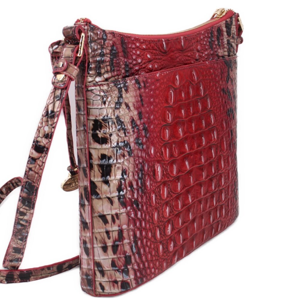 Ruby red crocodile-texture crossbody bag with side zipper, top handle loop, and strap