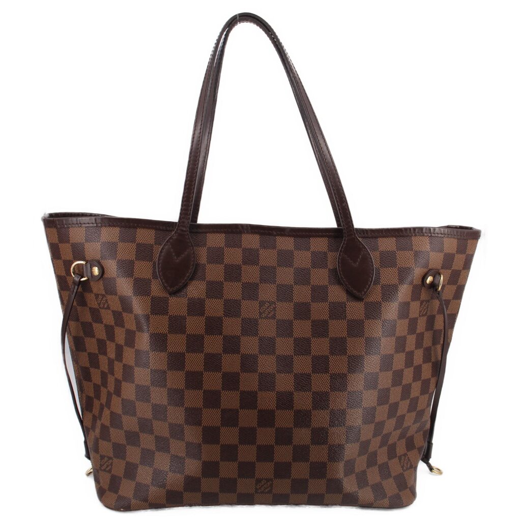 Damier Ebene Neverfull MM tote bag with brown checkered canvas and leather trim