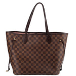 Damier Ebene Neverfull MM tote bag, front view with checkered canvas and front pocket