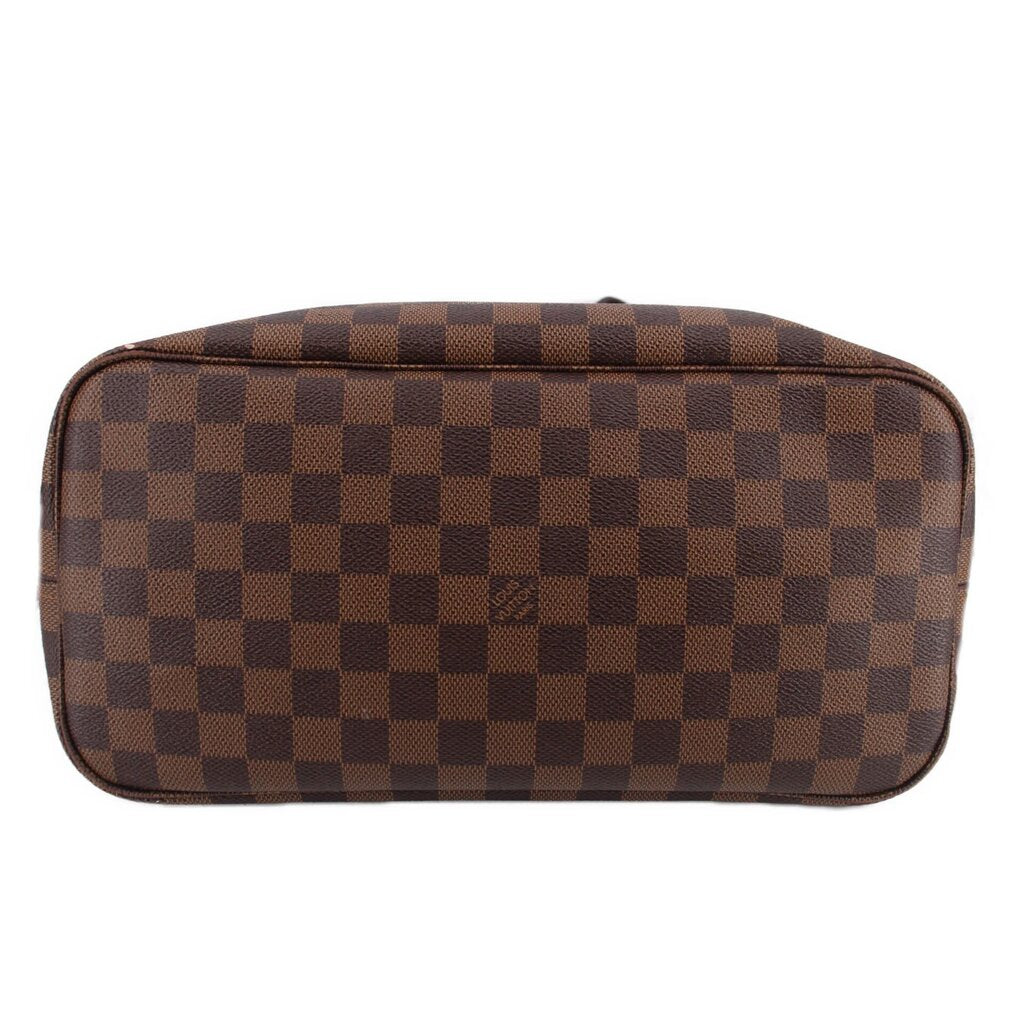 Damier Ebene Neverfull MM tote bag, flat top view showing checkered fabric base