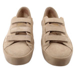 Tan suede sneakers, front view, double hook-and-loop straps