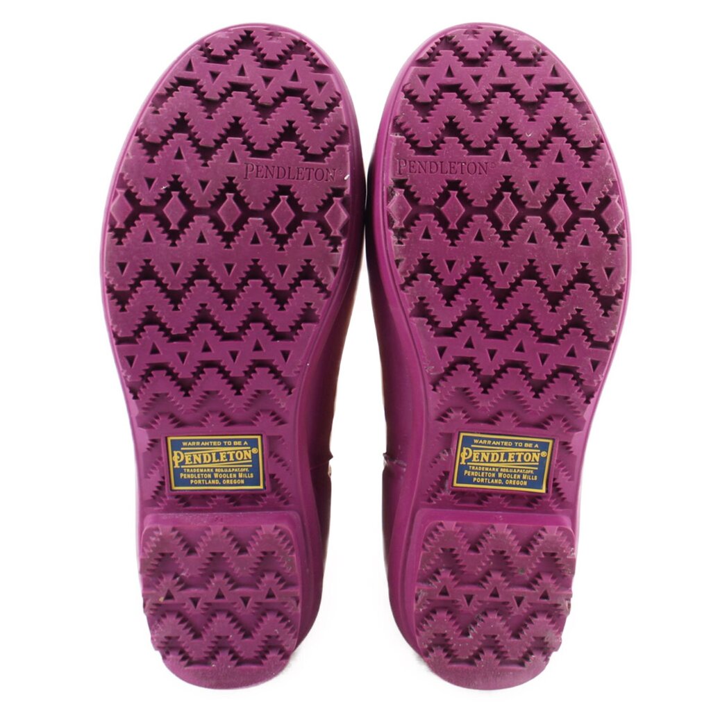 Purple rain booties with textured patterned outsole and PENDLETON labels