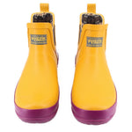 Pair of yellow chelsea rain booties with purple rubber toe caps and PENDLETON logos