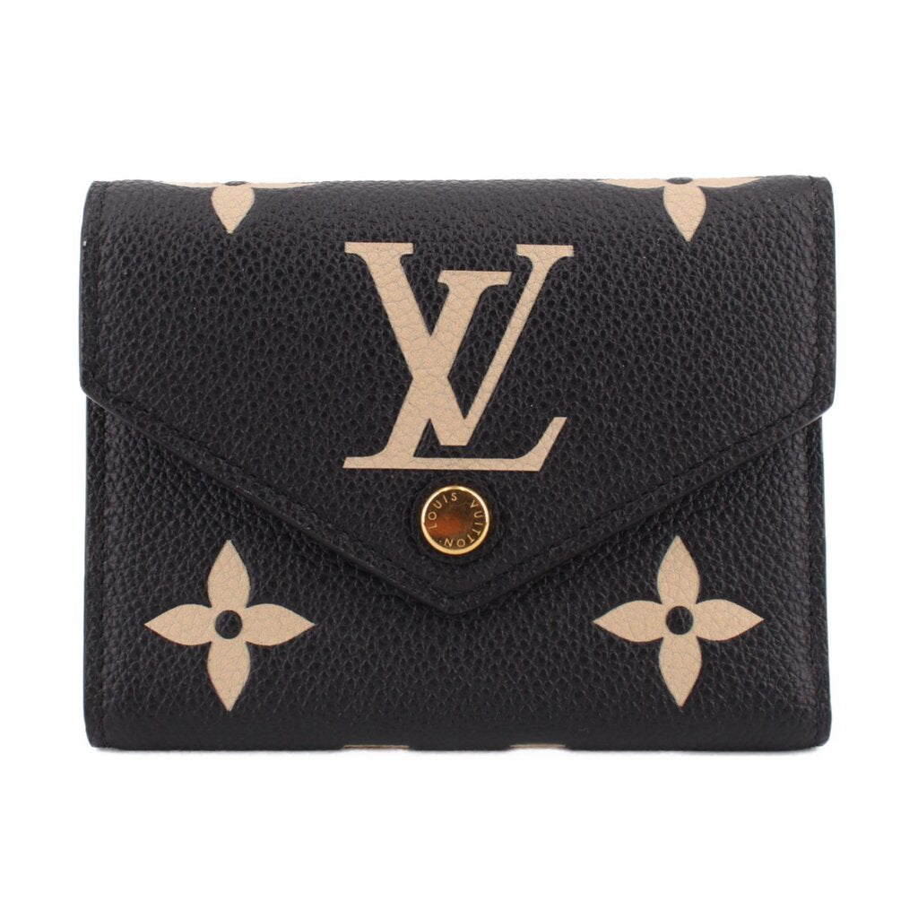 Black leather wallet with beige monogram flowers, front flap and gold-tone clasp