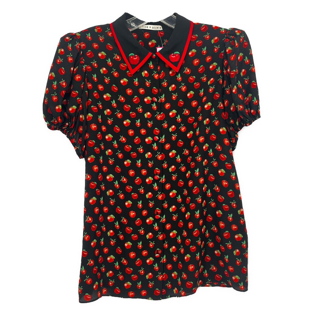 Black apple-print blouse with red apples, green details, pointed collar, short puff sleeves
